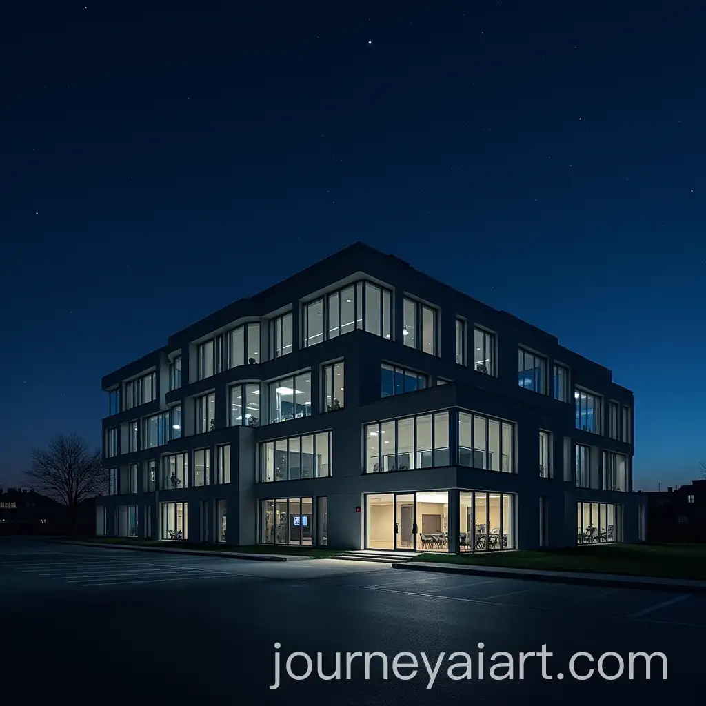 Modern-Office-Building-at-Night-with-Starry-Sky-Background