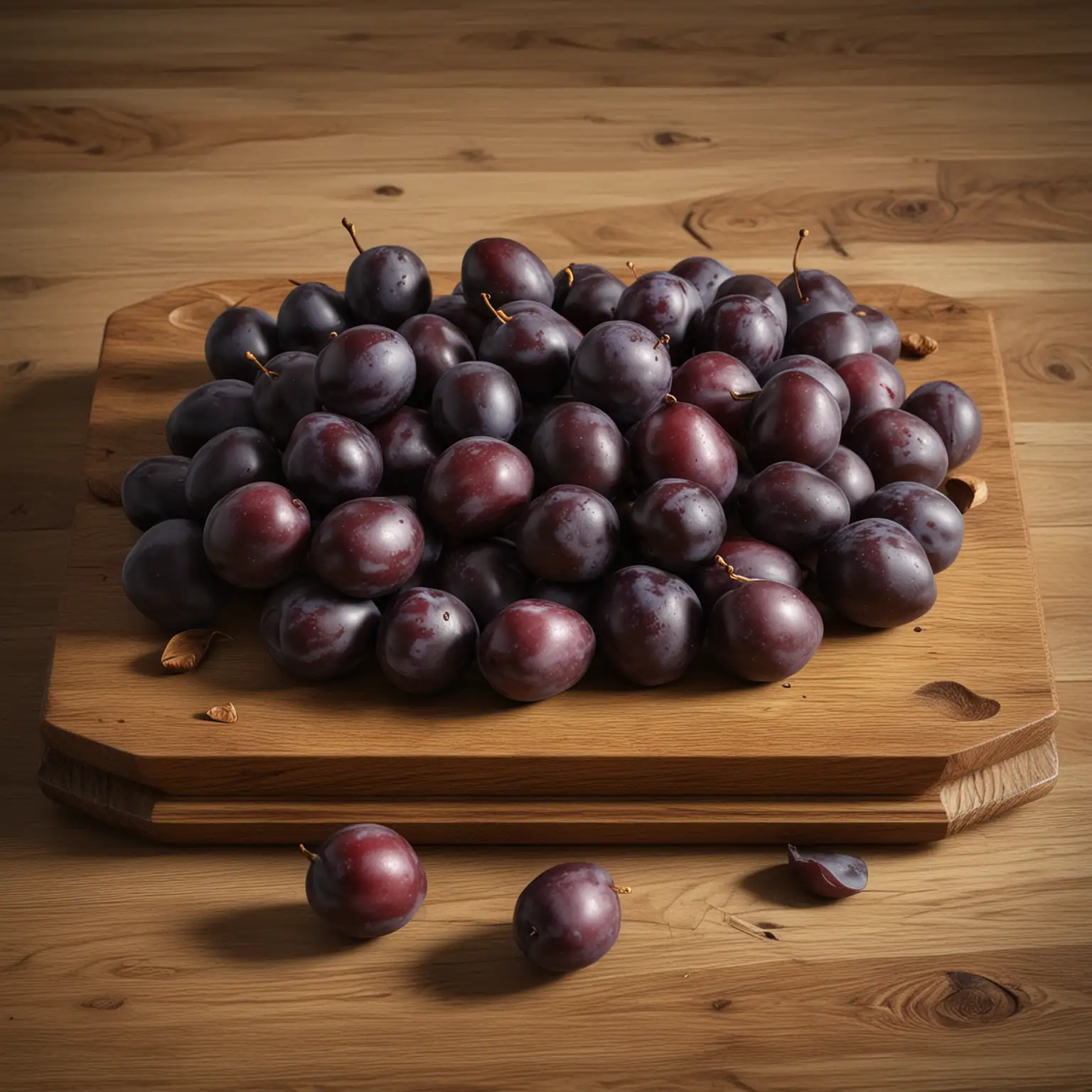 Dark Plums Arranged on Oak Platter