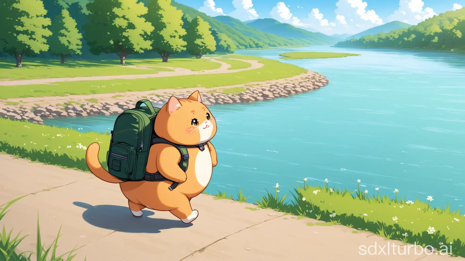 Chubby-Orange-Cat-Walking-by-the-River-with-Backpack