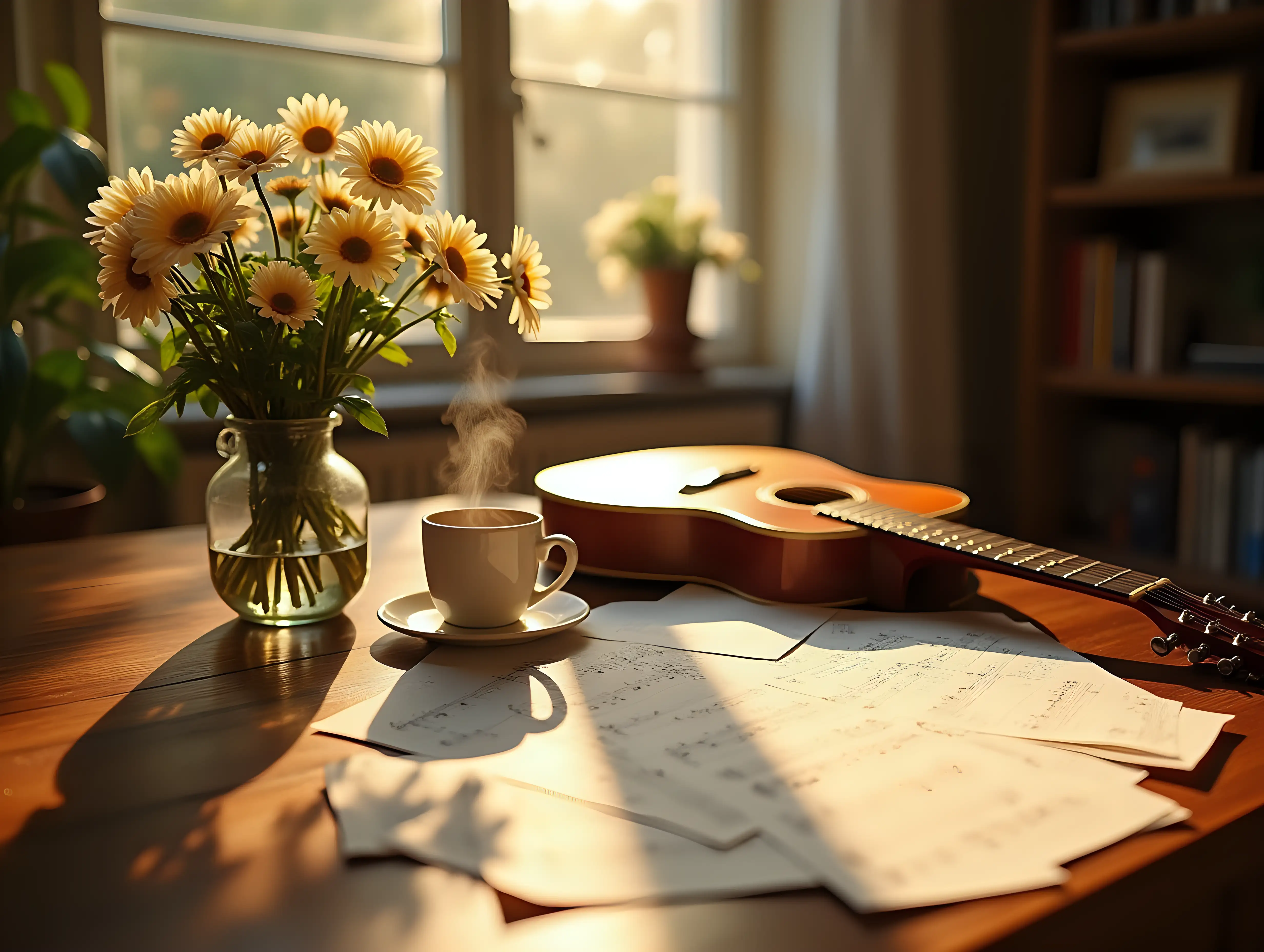 Cozy-Sunlit-Workspace-with-Acoustic-Guitar-Sheet-Music-and-Fresh-Flowers