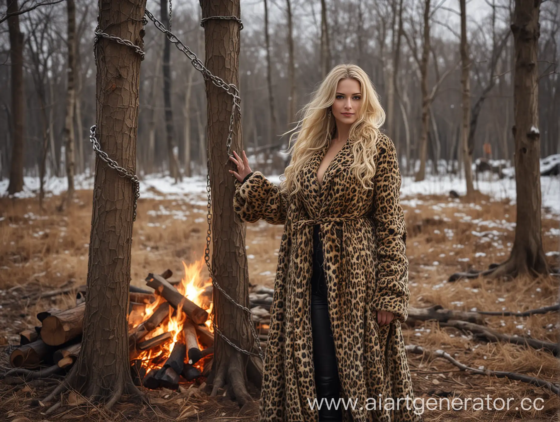 Tall-Blonde-Woman-in-Leopard-Coat-by-Campfire