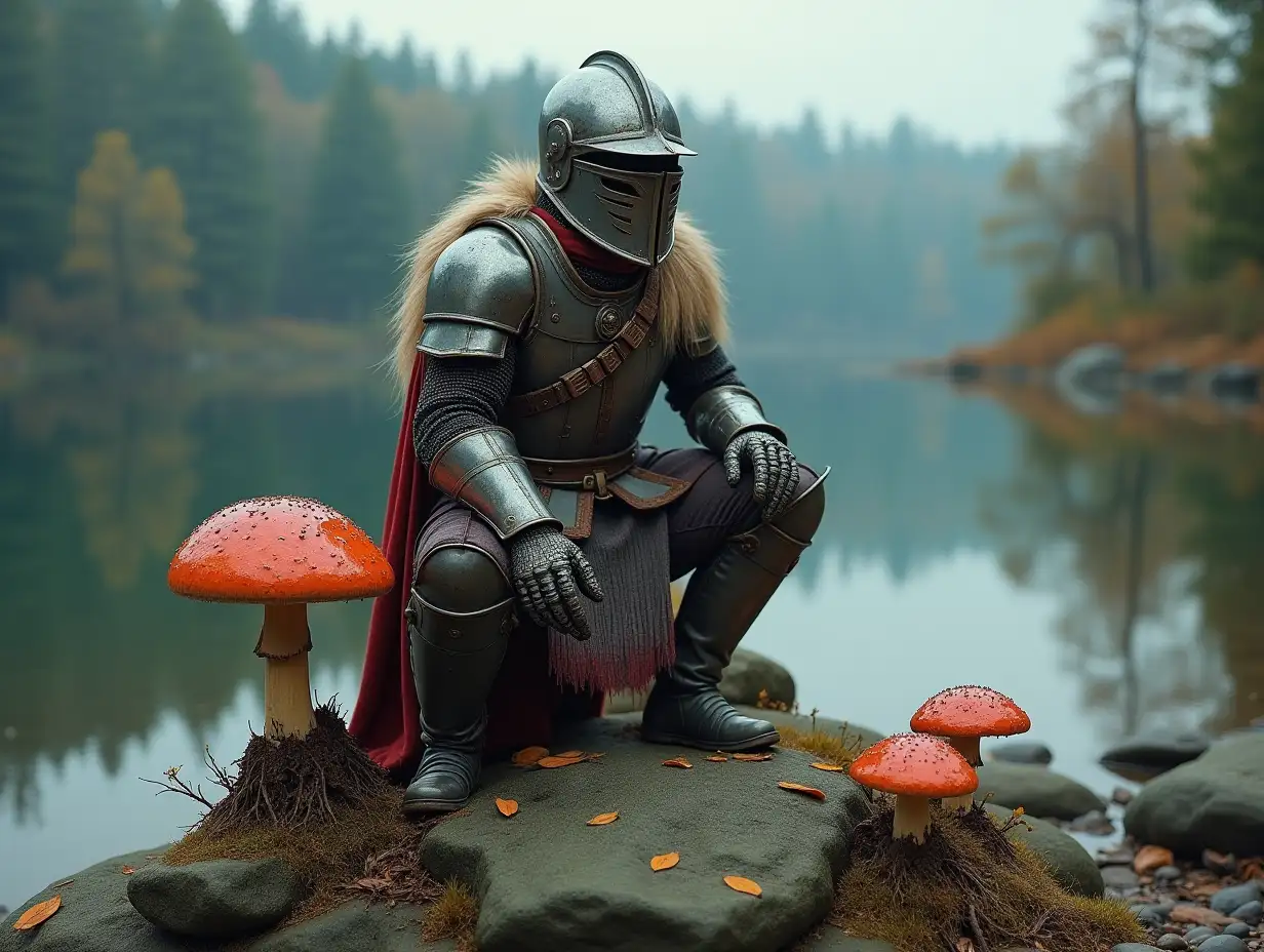 Soldier Helmet,Stones,Mushrooms,Roots,Bones with Full Body Armor at the lake feathered full body on a rock 4K resolution