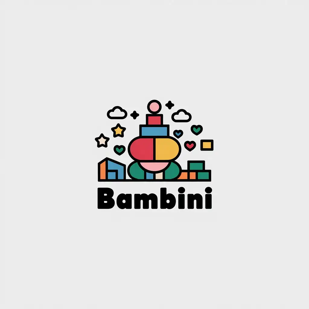 LOGO Design for Bambini Minimalistic Vector with Toys Stars Clouds Hearts Animals and Cubes