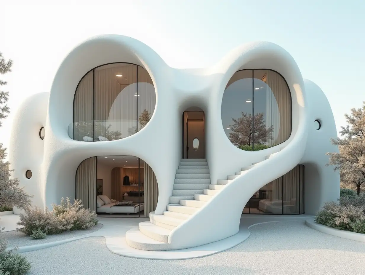 crooked house in White-with stucco in the form of plant ornaments, large windows with glass to, curved, smooth window shapes, winding big entrance stair complex curved roof