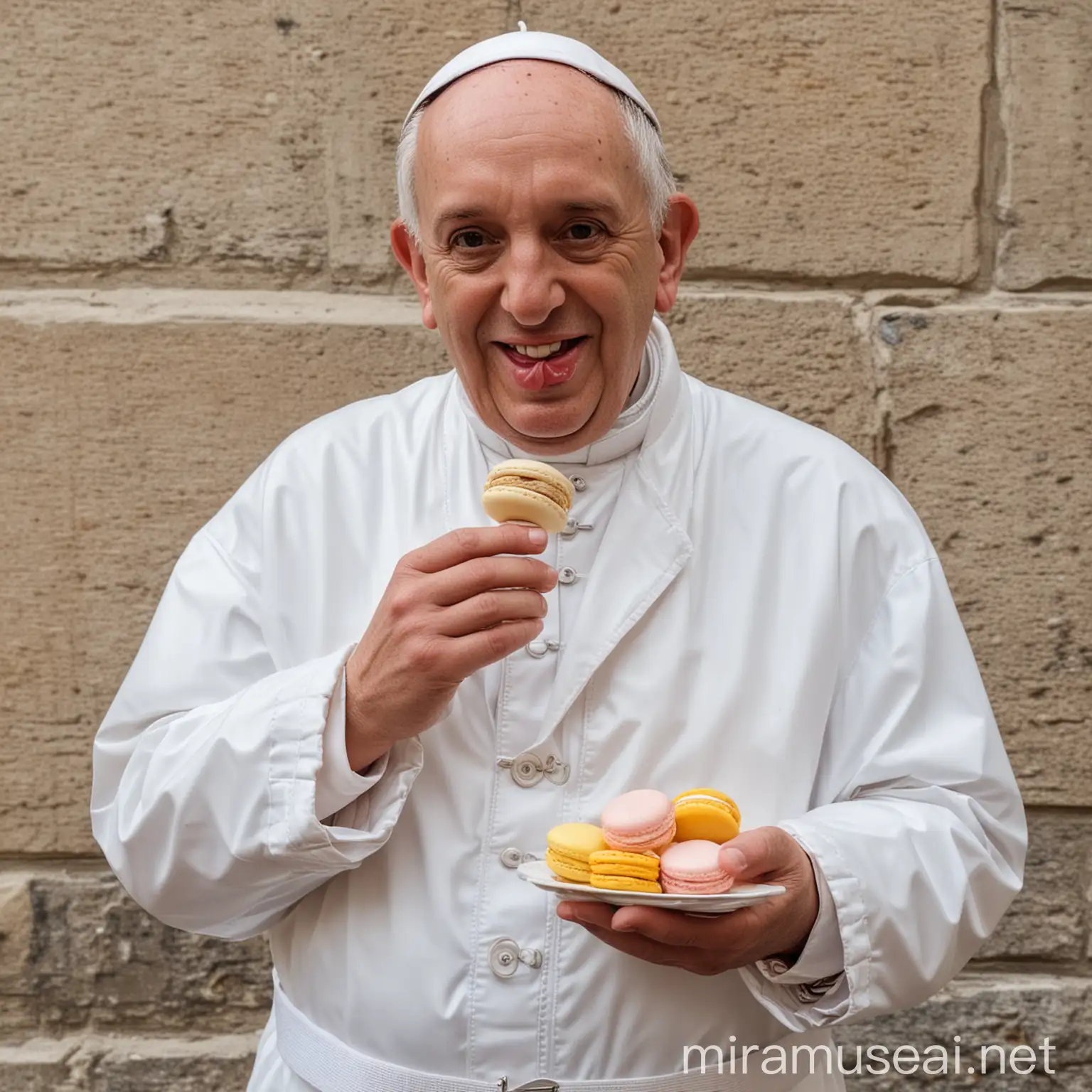 Pope Francis Eating Mini Macaron in Inflatable White Jacket