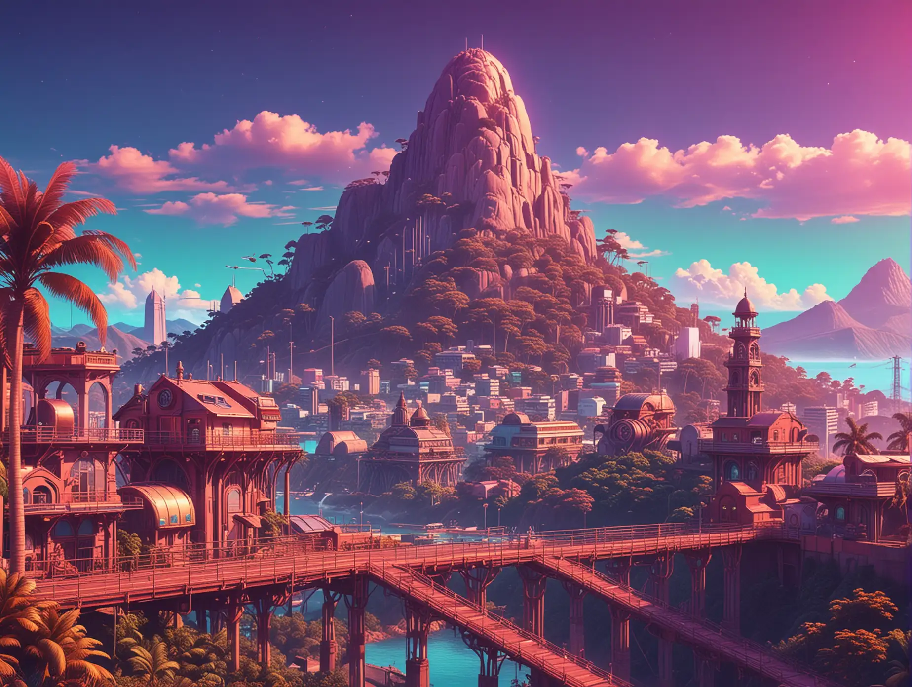 Steampunk vaporwave landscape with Brazilian elements. Show a vibrant cityscape featuring retro-futuristic architecture with brass gears, steam pipes, and neon lights. Integrate iconic Brazilian landmarks like a stylized Sugarloaf Mountain or colorful buildings resembling those in Rio de Janeiro. Include tropical vegetation and hints of Brazilian cultural motifs, blending the steampunk and vaporwave aesthetics with a warm, colorful atmosphere.