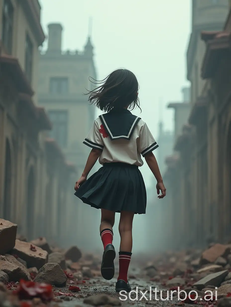 Child-in-School-Uniform-Spinning-Towards-City-Ruins