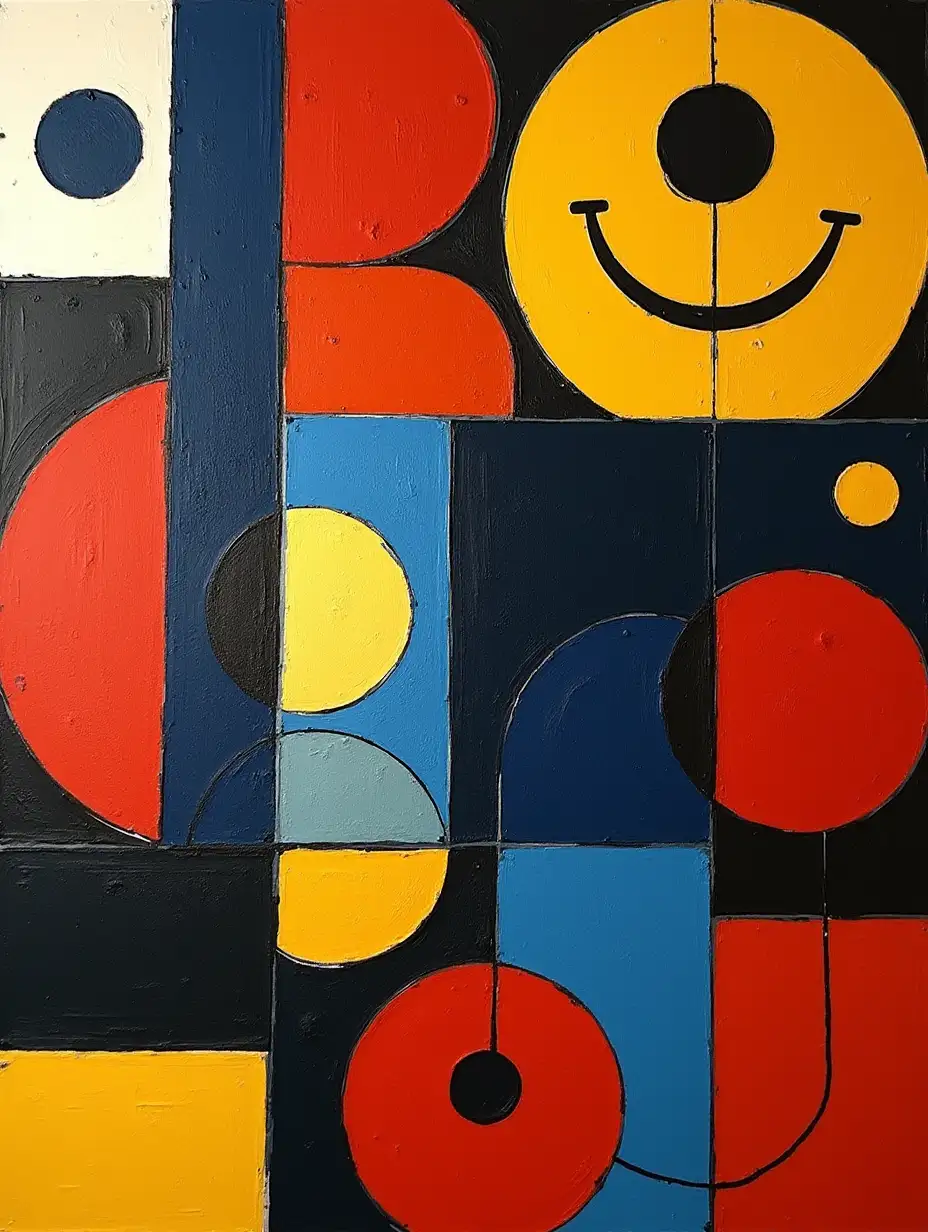 A picture in a checkered pattern, stripe, primitively schematic, minimalism, avant-garde, smile face, darkness in the style of Kandinsky, Malevich, minimalism, simplify for beginner artist acrylic many colors, constructivism abstract
