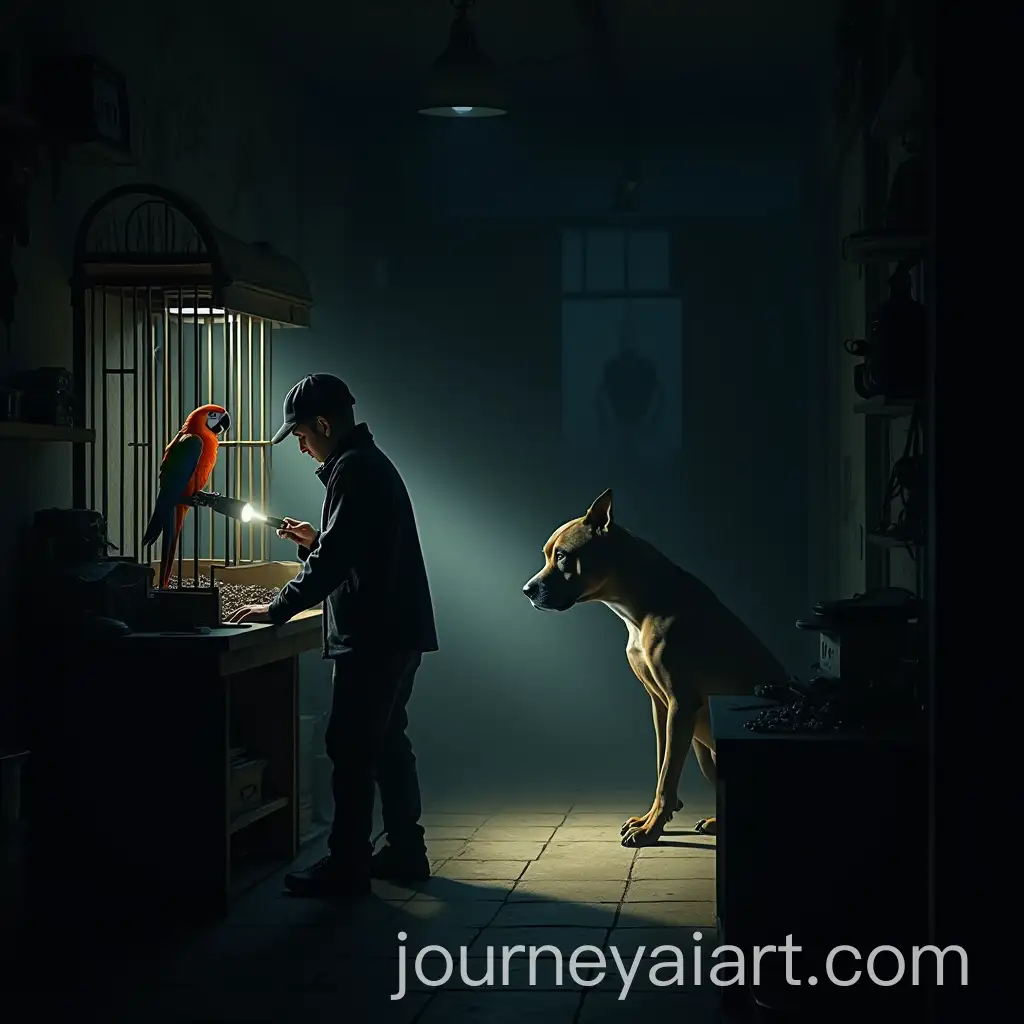 Thief-in-Dimly-Lit-Jewelers-Workshop-with-Parrot-and-Pit-Bull-Warning