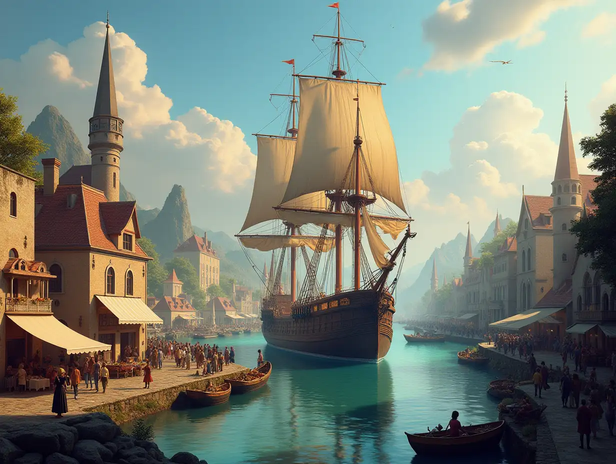 Create a dish with a city with a large harbor with a marketplace with people and a large sailing ship Blit 4K resolution