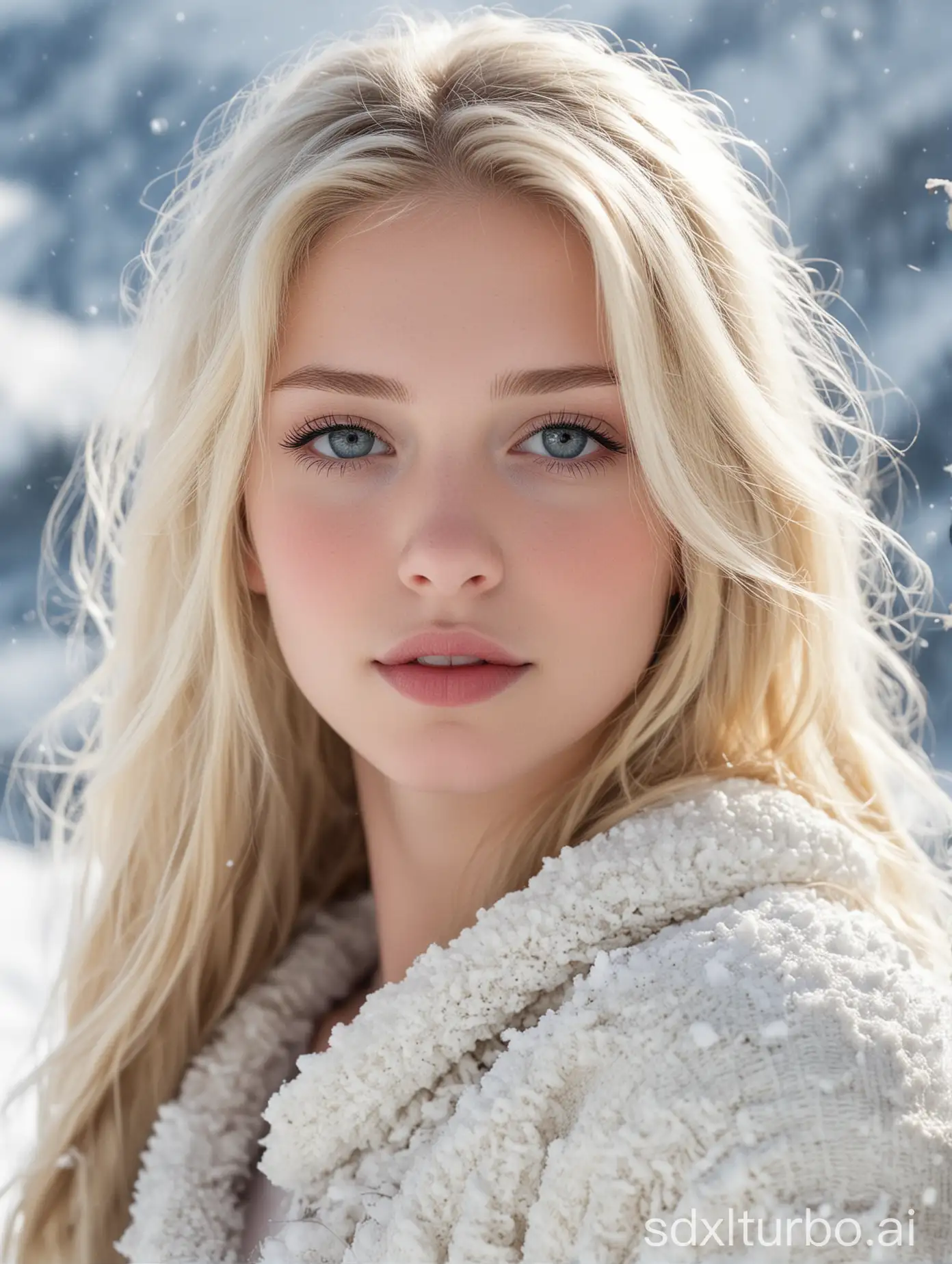 pretty blonde girl with white skin modeling on a snowy mountain