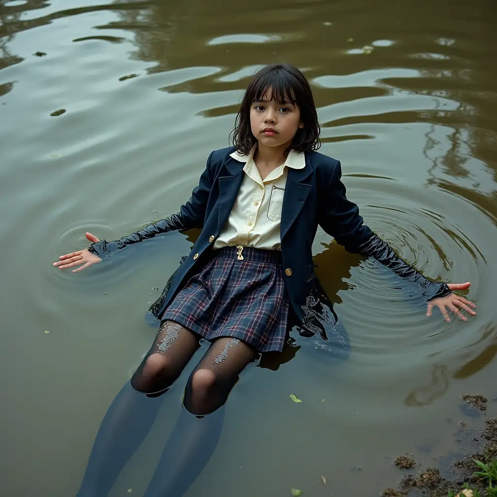 A schoolgirl in a school uniform, with a skirt, jacket, blouse, dark tights, high-heeled shoes. Swims in a dirty pond, clothes are completely wet, partly underwater, lies in water, wet clothes stick to the body, immersion in water.