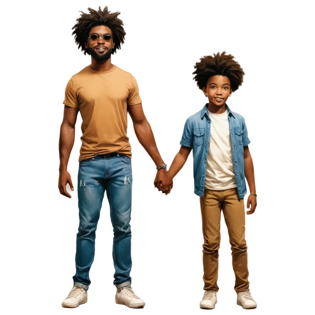 PNG-Drawing-of-BrownSkinned-Father-and-Son-with-Black-Power-Hair-Full-Body