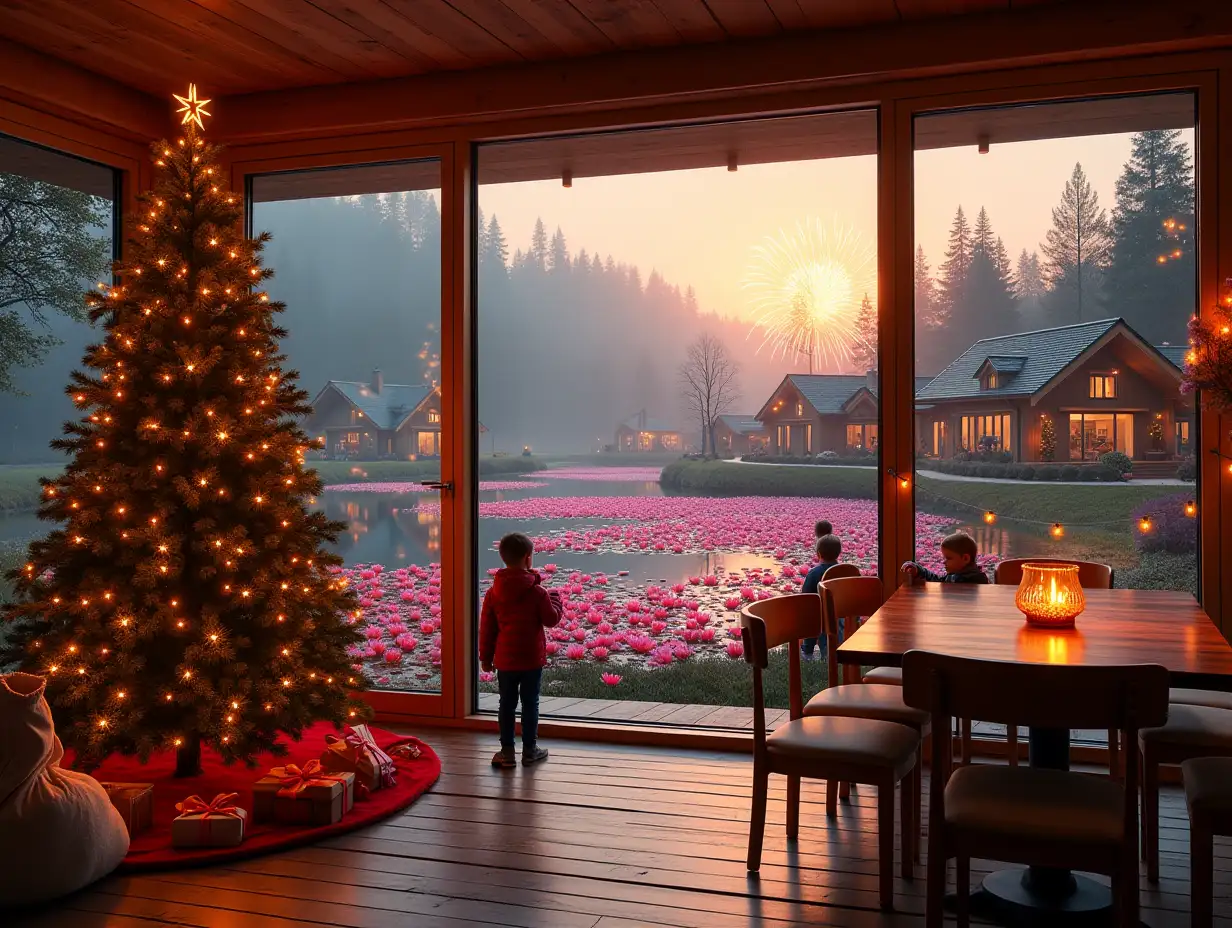 view from the huge panoramic window of the restaurant and outside the window in the foreground on the wooden terrace there is a Christmas tree that is in its life-size frame from the base of the tree to the top of the tree, and next to the tree stands a cheerful and smiling Santa Claus with a bag of gifts and 2 boys and 3 girls pick up gifts from the terrace near the bag of gifts and behind the terrace there is a view of a large pond with pink water lilies, and on the other side of the pond with large pink water lilies, children and other people are having fun walking along the shore, there are also 3 houses on the other shore  a chalet with panoramic windows in all walls from the floor to the roof, that is, each wall is a panoramic window, Everything else around the pond is made in a minimalist landscape design, houses and trees and everything around are decorated with bright garlands of lights, sunset and lots of sunset sunlight, there are 5 flashes of large fireworks in the sky, the foreground is in focus, and the back is blurred.