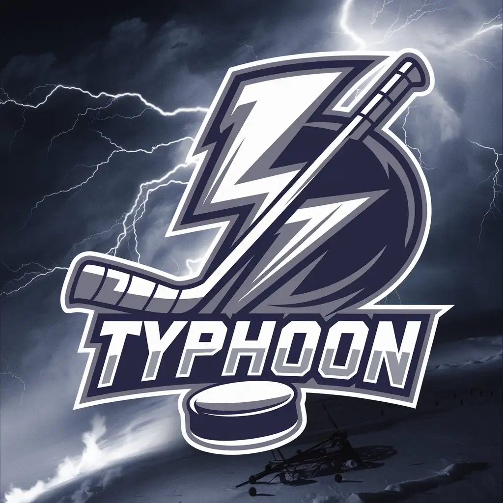 a vector logo design,with the text "TYPHOON", main symbol:Stick, puck, typhoon, lightning, in the background,complex,clear background