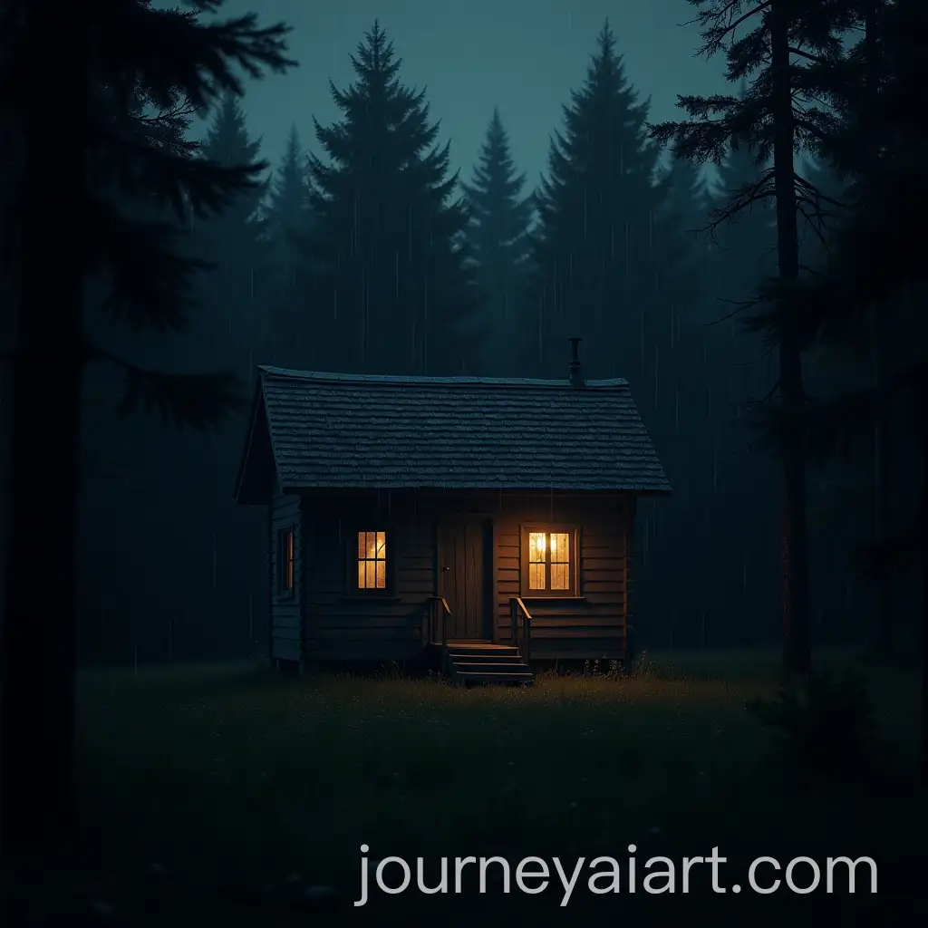 Nighttime-Cabin-in-Woods-with-Rain-and-Glowing-Windows