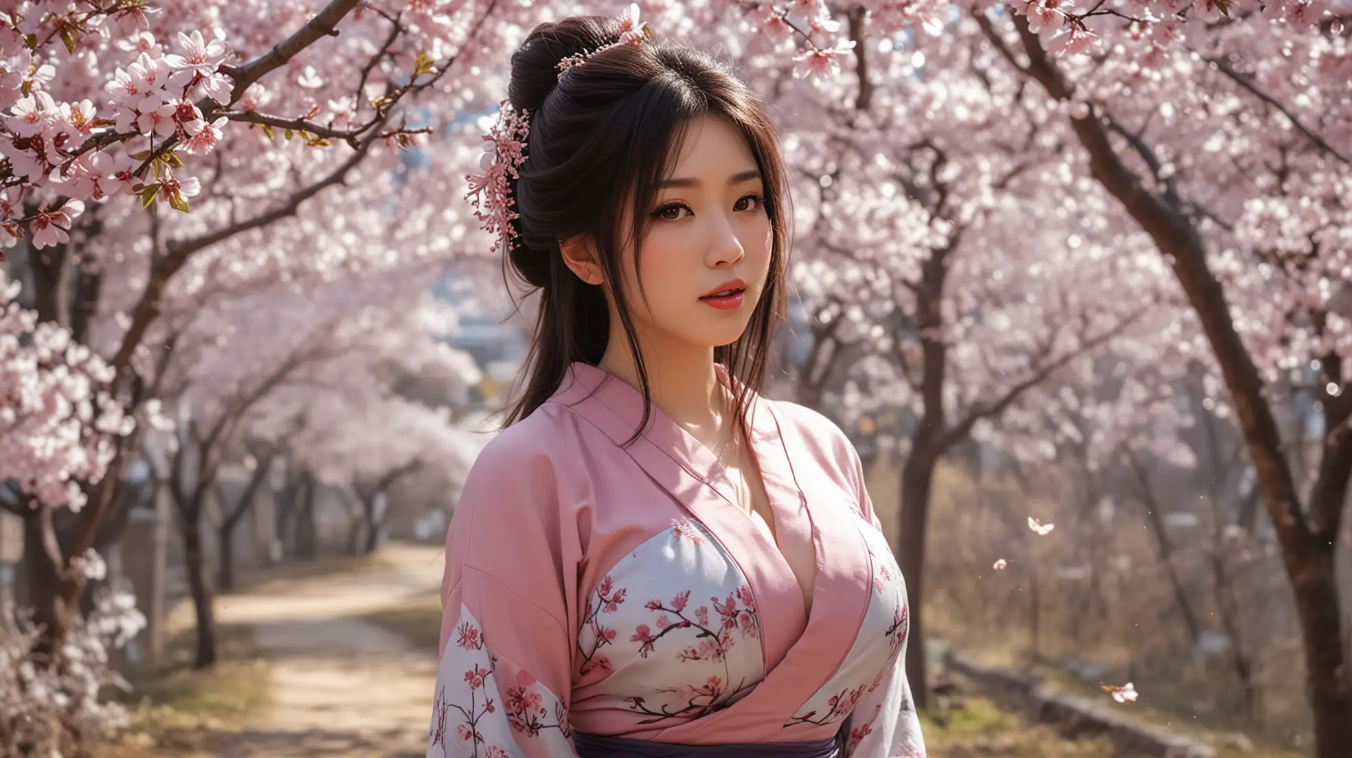 Japanese-Girl-Enjoying-Hanami-Under-Cherry-Blossoms-with-Dango-and-Falling-Petals