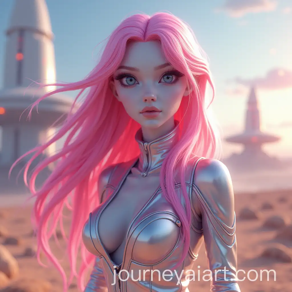 Stunning-Alien-Woman-in-Shiny-Suit-Against-Colorful-Sky