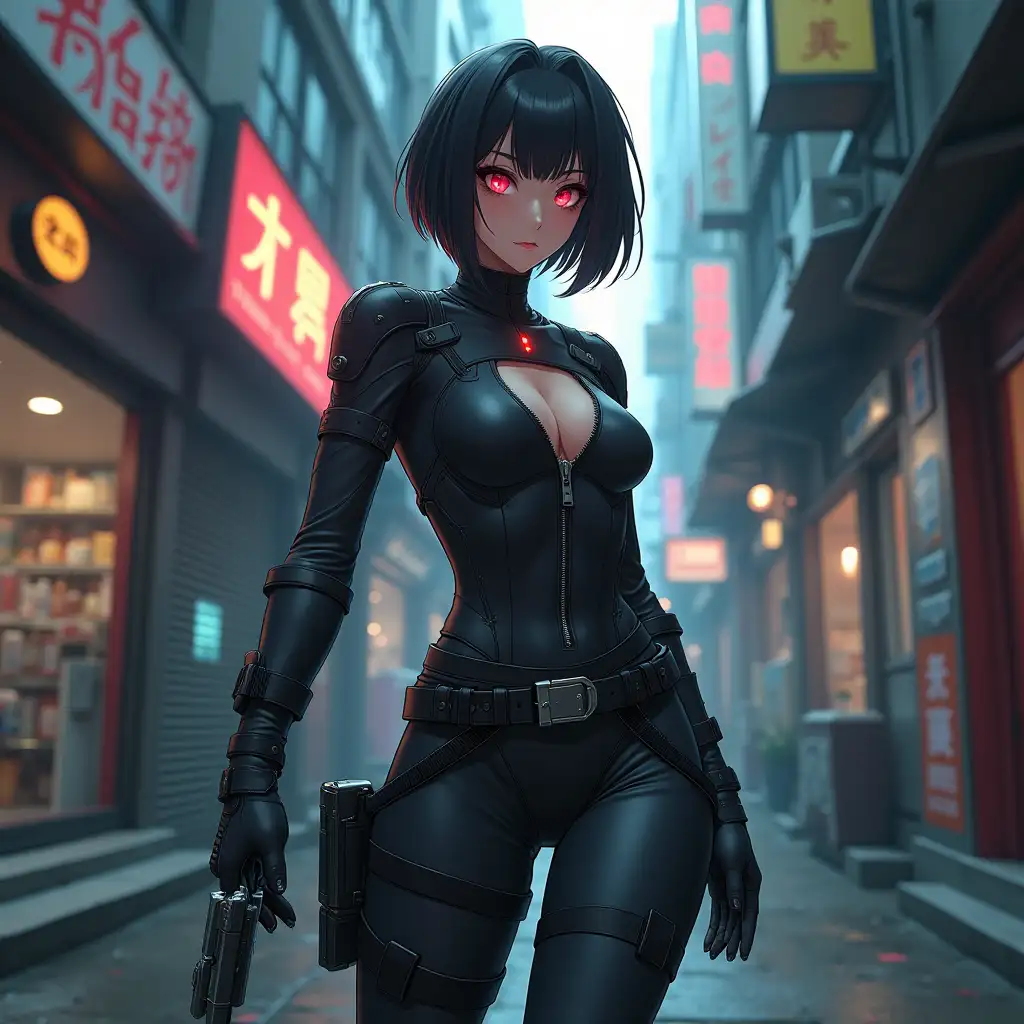 Short hair, mature Asian woman thief cyber runner in a dynamic full-length pose, eyes with red electronic pupils, large breast, extreme skintight body glove zipped down with cleavage, combat boots and combat belt. Full view of her body from boots up, low wide angle. Future store filled city alley street. Anime