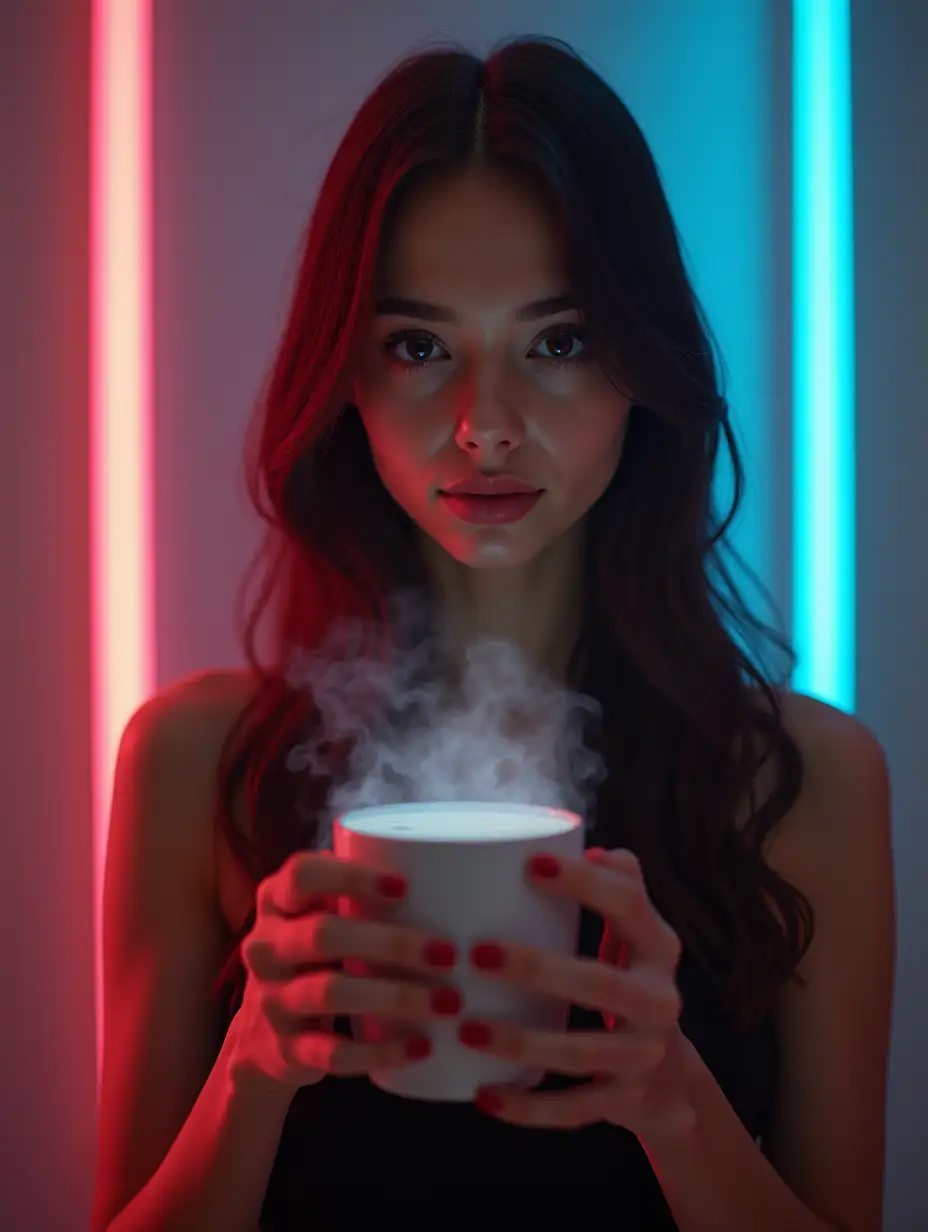 A thin girl is standing with a cup in her hands. Steam is coming out of the cup. The girl is real, real. Thin, with long hair, beautiful eyes. The focus is on the girl and the cup.The background should be smooth and modern, with unobtrusive neon lighting and evaporation effects.