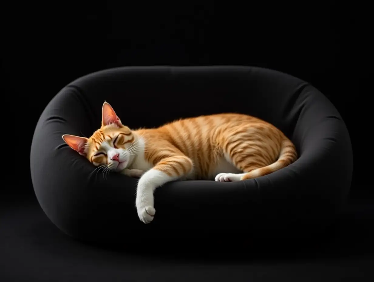 a yellow cat with a white breast is sleeping and stretching in a black soft oval smooth futuristic couch on a black floor on a bright clean black background, close-up, professional photography, studio lighting