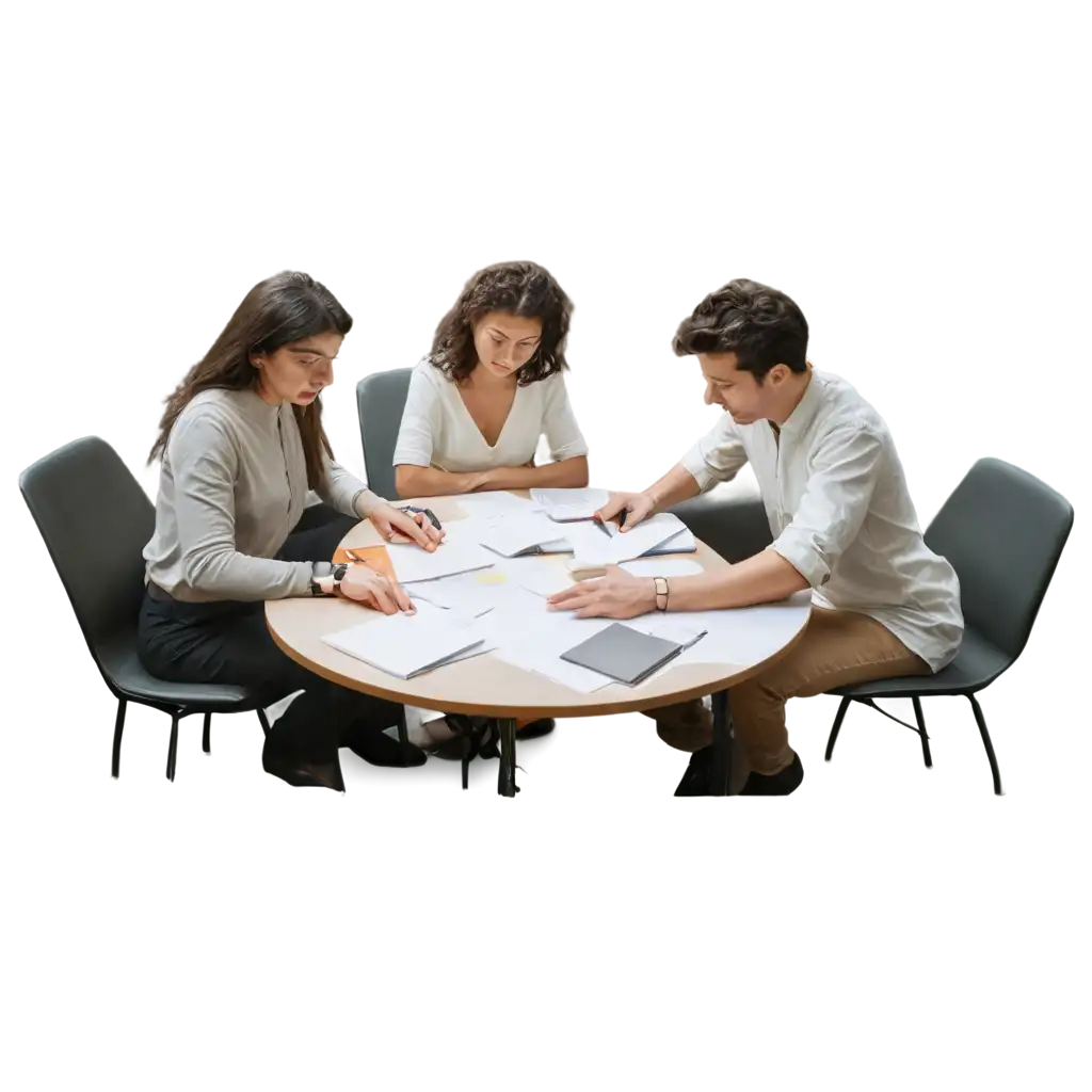 A group of people, represented as icons, studying together in a round table.