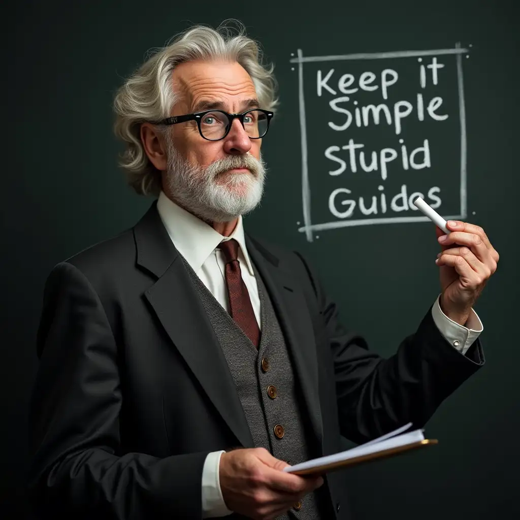 Intelligent Senior Professor with Chalkboard Keep It Simple Stupid Guides