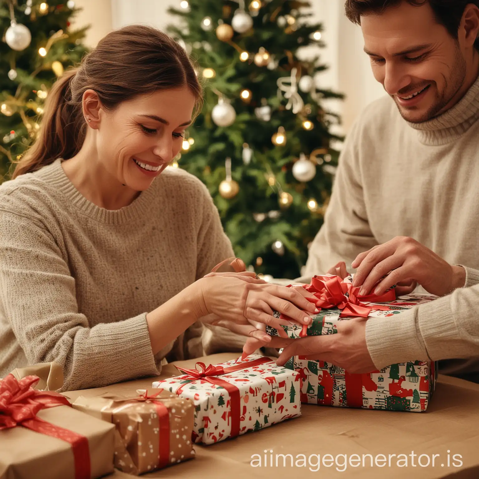 Parent-Wrapping-a-Gift-at-Christmas-with-Festive-Decor