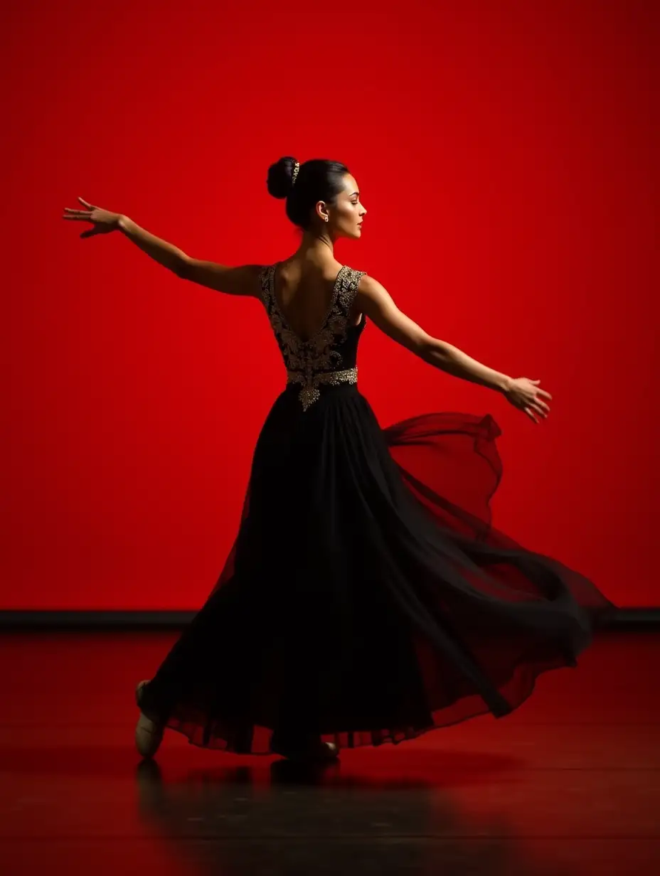 Generate an image of a graceful ballerina performing on stage, captured mid-movement with her arms elegantly outstretched. She is wearing a stunning black gown with intricate gold embroidery and accents, featuring a fitted, sleeveless bodice and a flowing, sheer skirt that swirls around her as she moves. Her hair is long, black, and styled in a sleek bun, adorned with a subtle gold hair accessory. The background is now a vivid red, creating a striking contrast with her attire and adding drama to the scene. Capture the ballerina in a hyperrealistic style, as if photographed with a full-frame DSLR using a 50mm lens, f/2.8 aperture, delivering ultra-high-definition sharpness, cinematic lighting, and a shallow depth of field that keeps the ballerina in crisp focus against the red backdrop