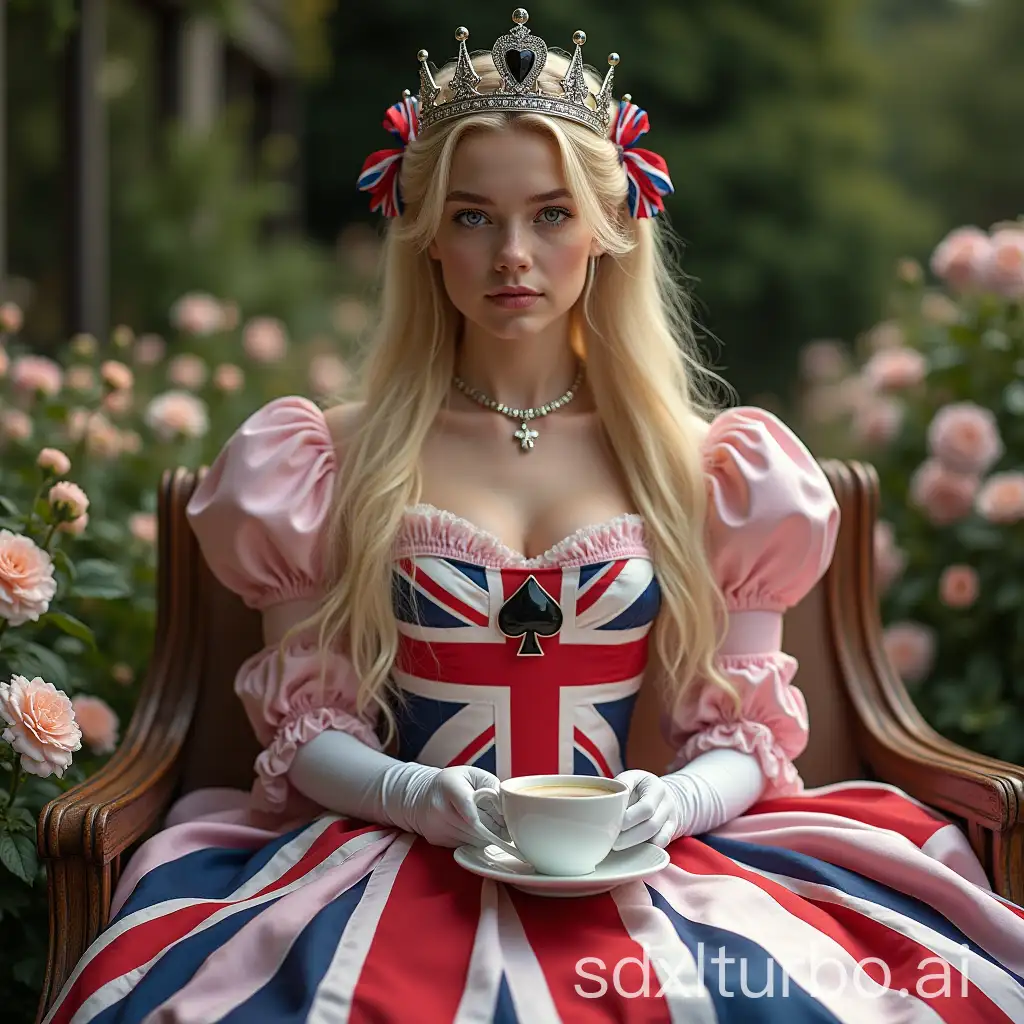 full body shot of a glamorous beautiful young blonde British queen, stern look, relaxing in a palace garden with flowers, long pigtails with union jack colour ribbons and crown, blue eyes, wearing a long shiny union jack flag royal coronation satin dress with a black spade symbol broach, shoulder puffs and ruffles, white satin gloves, necklace, a beautiful teen blonde maid with pigtails in frilly satin pink maid outfit serving the queen tea on a tray, photography