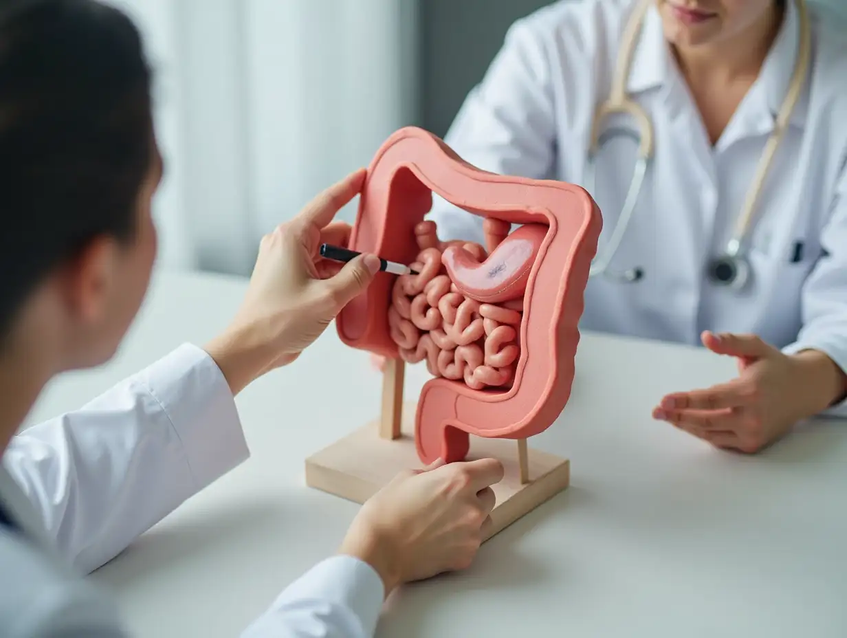 Treatment cancer colon. Doctor pointing pen tumor intestines using an anatomical model. Consultation gastroenterologist for a patient over background