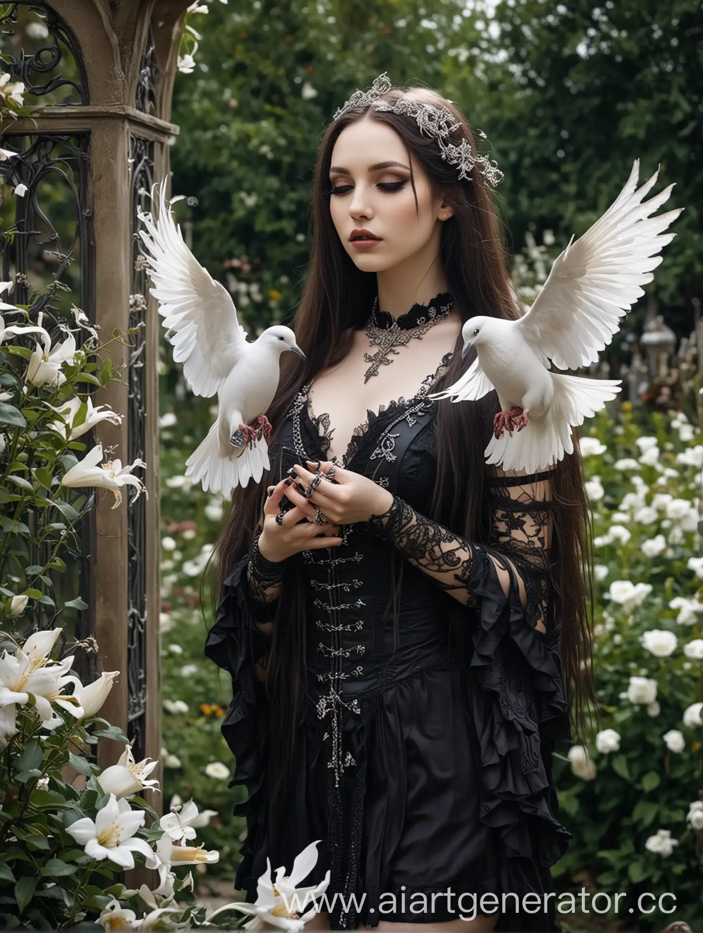 beautiful goth girl releases the white dove of peace, pretty face, long hair, body art, high heels, side view, garden of flowers, gothic jewellery