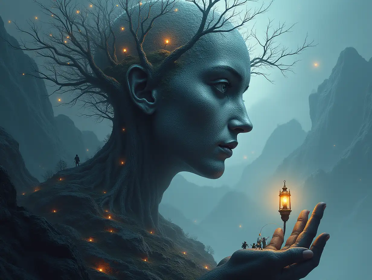 Creating a digital painting face with hair turning into building with silver stone and Illuminated trees with branches large hand and lantern and alien creatures on a mountain