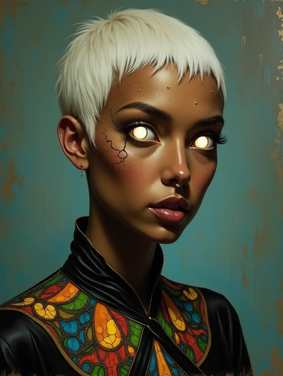 A oil painting of a medium-dark olive-skinned woman with gold freckles, a stark white pixie cut, glowing solid white eyes, and a robe that looks like a stained glass window. She has a thick, jagged scar going horizontally all the way around her neck as if she was once beheaded.