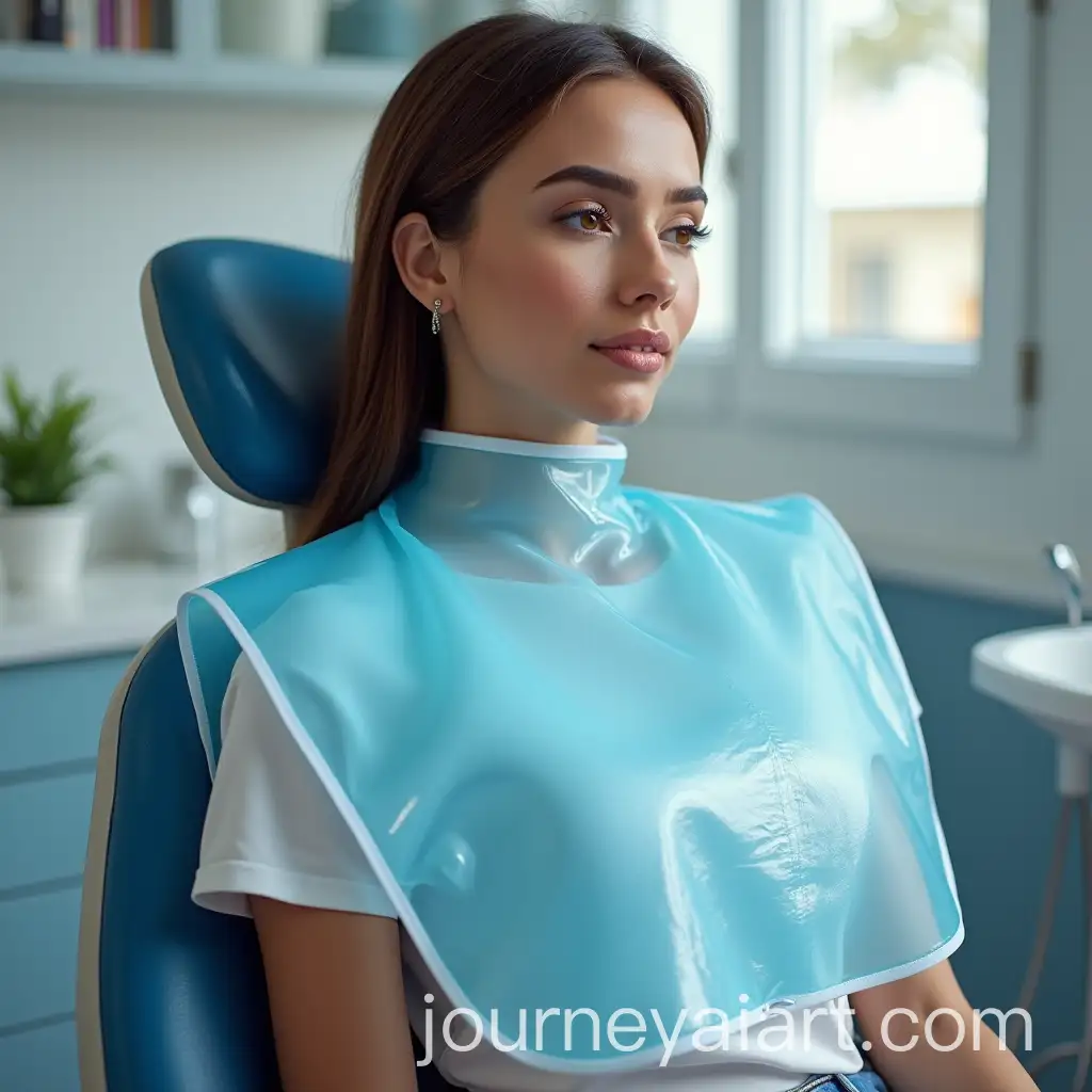 Beautiful-Woman-in-Dentists-Chair-with-Blue-and-White-Plastic-Bib