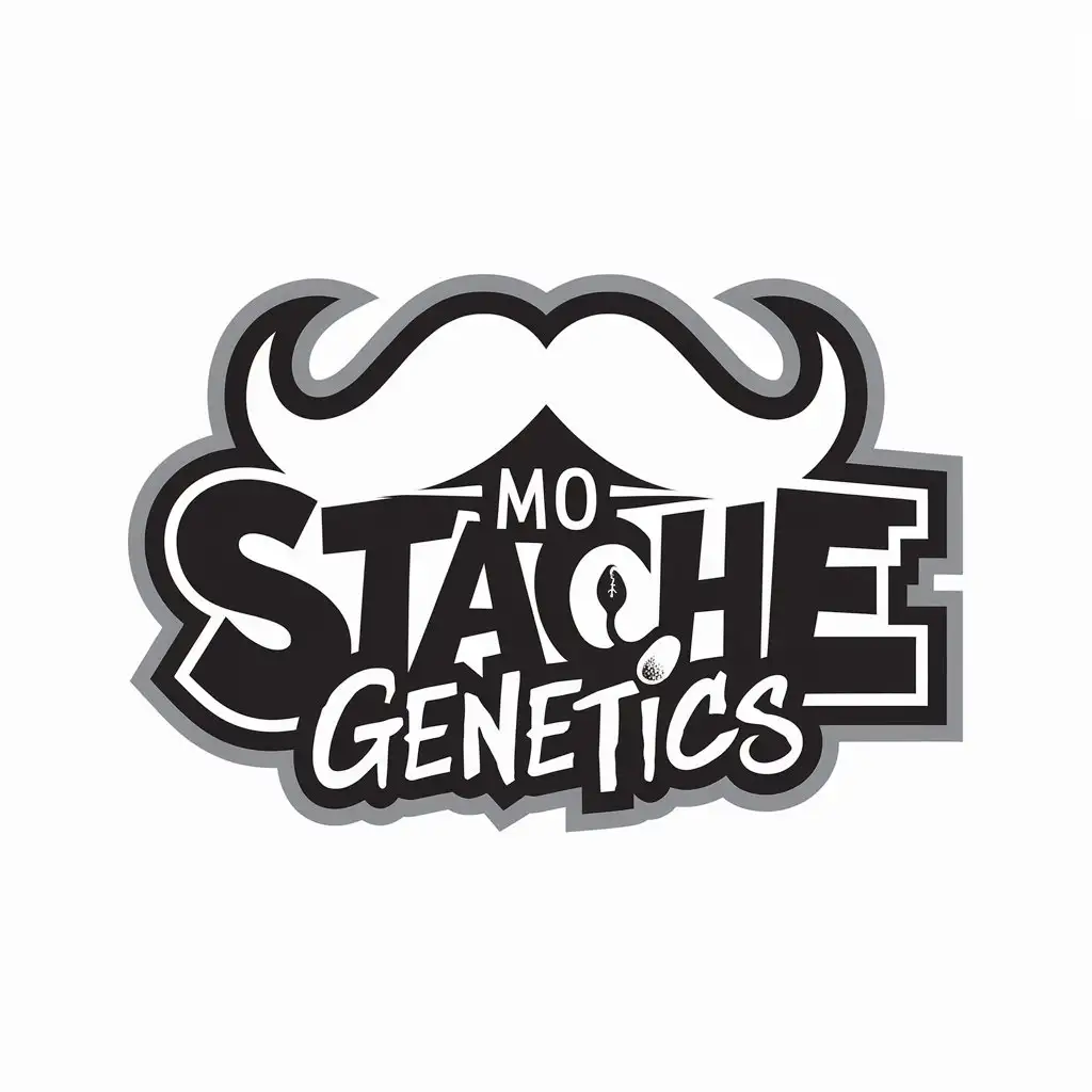 LOGO Design for Mo Stache Genetics White Moustache with GraffitiStyle Text and Seed Symbol