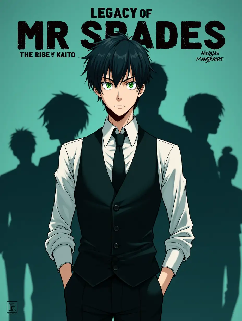 (Anime drawing style), (Anime), A young man with pierced green eyes and short black hair stands confidently in a formal black and white suit. He wears a white shirt, black tie, and vest with a black jacket, exuding an aura of style and power. ((His expression is serious and determined, slightly angry)). The background shows the silhouettes of various characters, hinting at a complex story, all done in a dark turquoise color. The title text is located at the top and center 'Legacy of Mr Spades - The Rise of Kaito', while the author's name 'Nicolas Margrave' appears at the bottom in a casual font. The overall theme is a modern anime with a dramatic style.