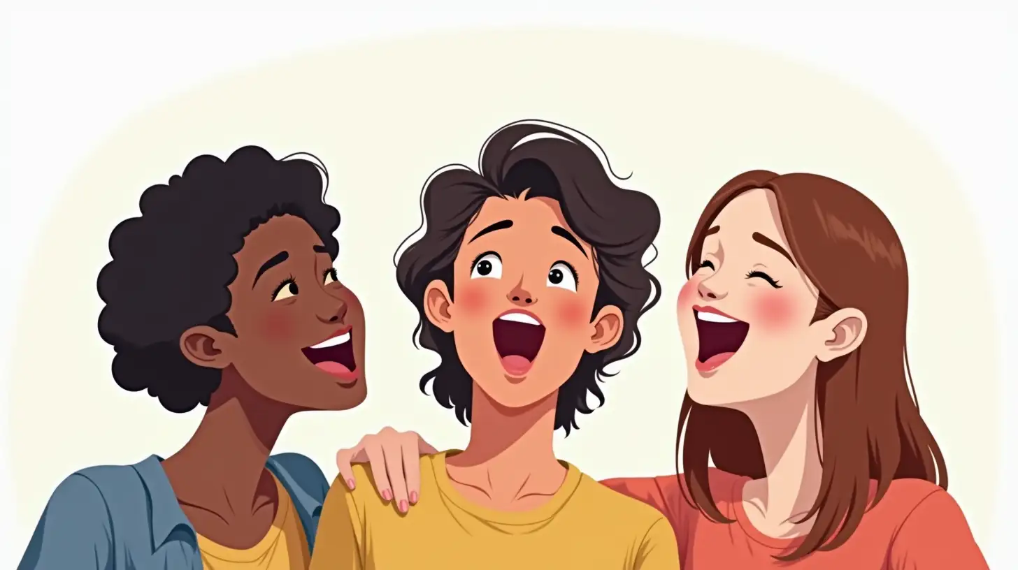 Diverse Friends Joyfully Singing Together on White Background