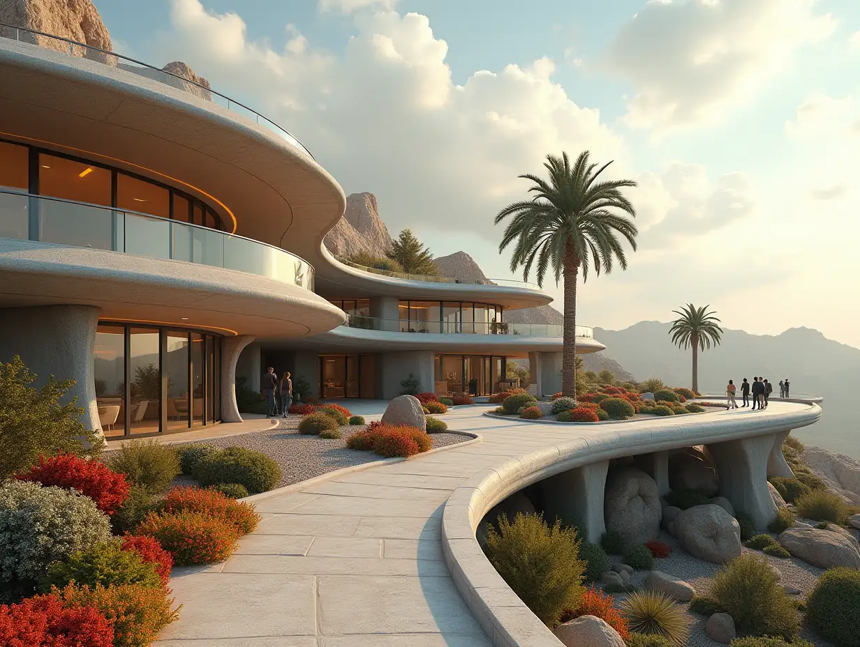 Create a high-resolution, realistic panorama image of a futuristic terrace building with window ufo house with bridge, one and one  with people, many plants and colorful flowers White and brown facades before the desert oasis, big trees, very cloudy sky