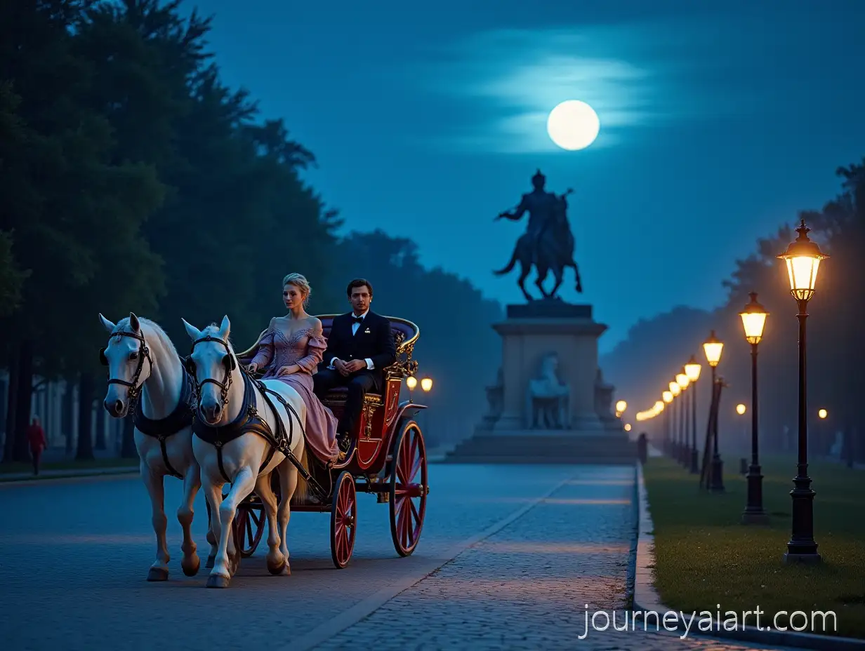 Fairy-Tale-Coach-with-Elegant-Couple-Passing-Statue-of-Johan-StraussFairy-tale-coach-ride-at-Dusk