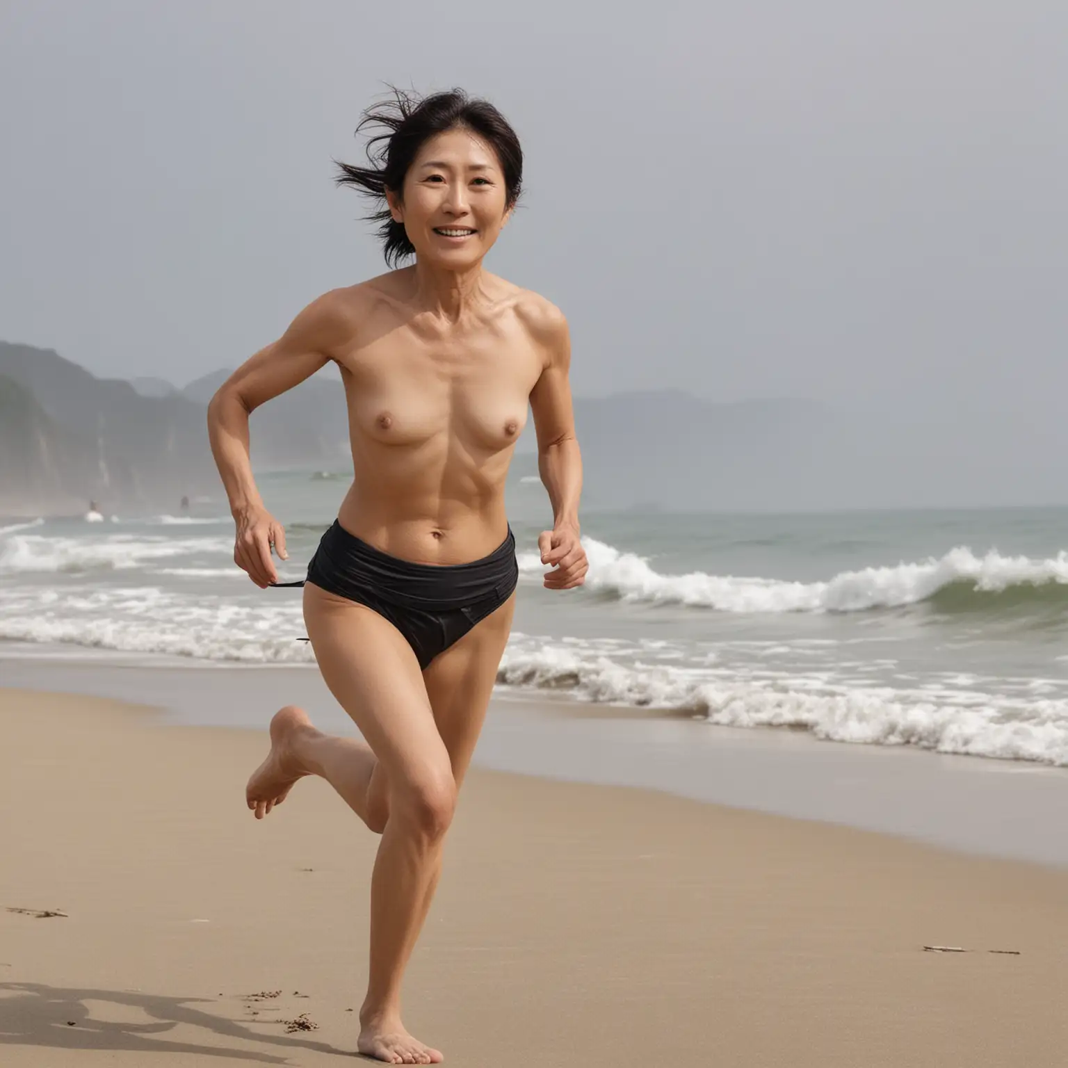 Japanese-Woman-Running-on-Beach-Age-50-Topless