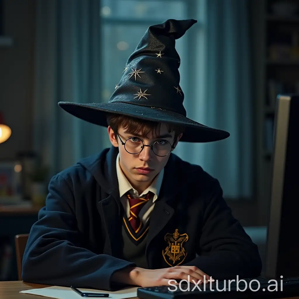 Harry Potter with wizard hat confused in front of a computer