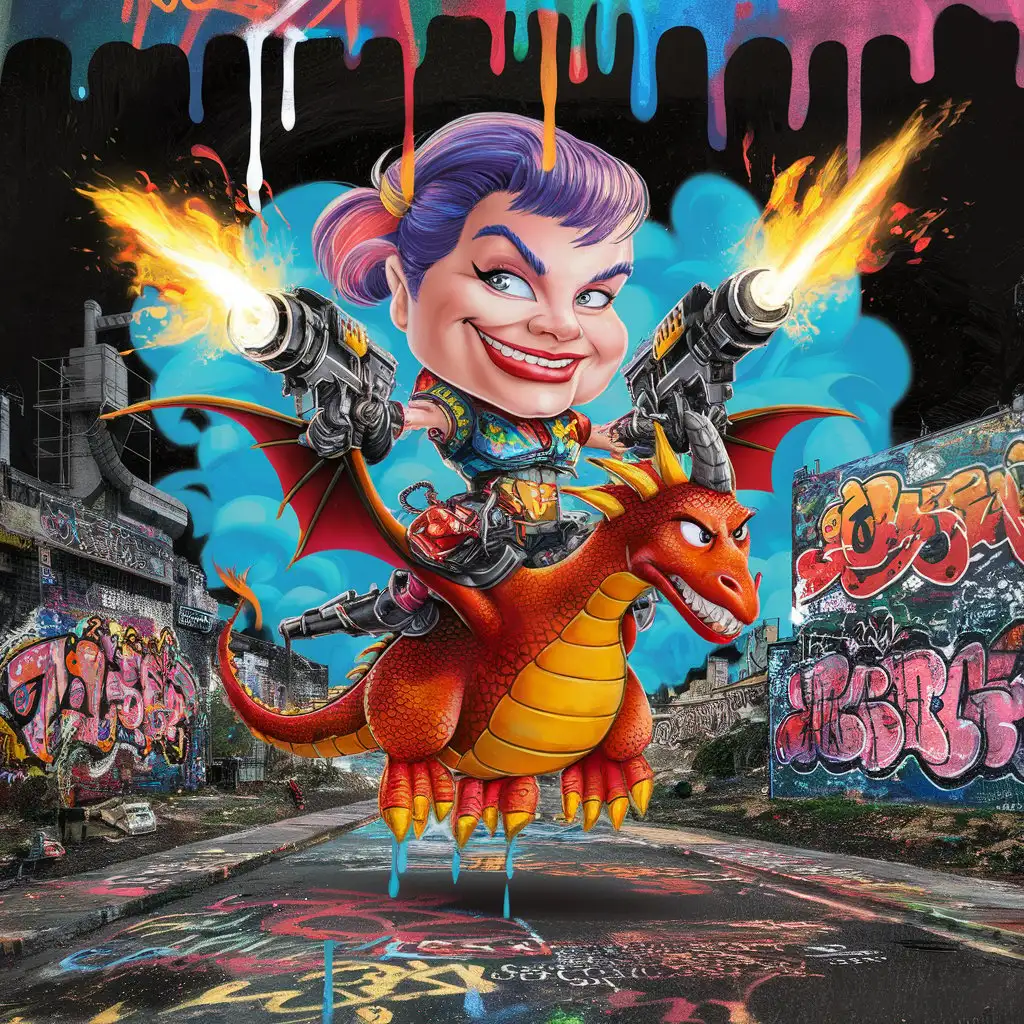 Caricature pixar comicbook style Fantasy  warrior with blazing guns on riding a dragon,  graffiti art, splash art, street art, spray paint, oil gouache melting, acrylic, high contrast, colorful polychromatic, ultra detailed, ultra quality, CGSociety, cartoon graphics black background
