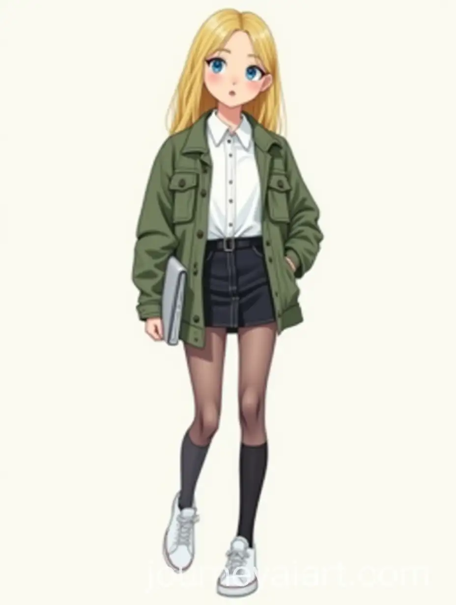 Young-Woman-in-Graduation-Shirt-and-Military-Jacket-Holding-Laptop