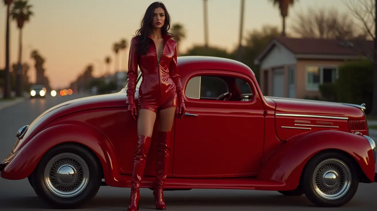 realistic photo, woman standing next to hot rod , wearing red shinny pvc jumpsuit , red shiny pvc jacket , wearing red shinny pvc thigh high boots , red shinny pvc long gloves , in californian street at dusk