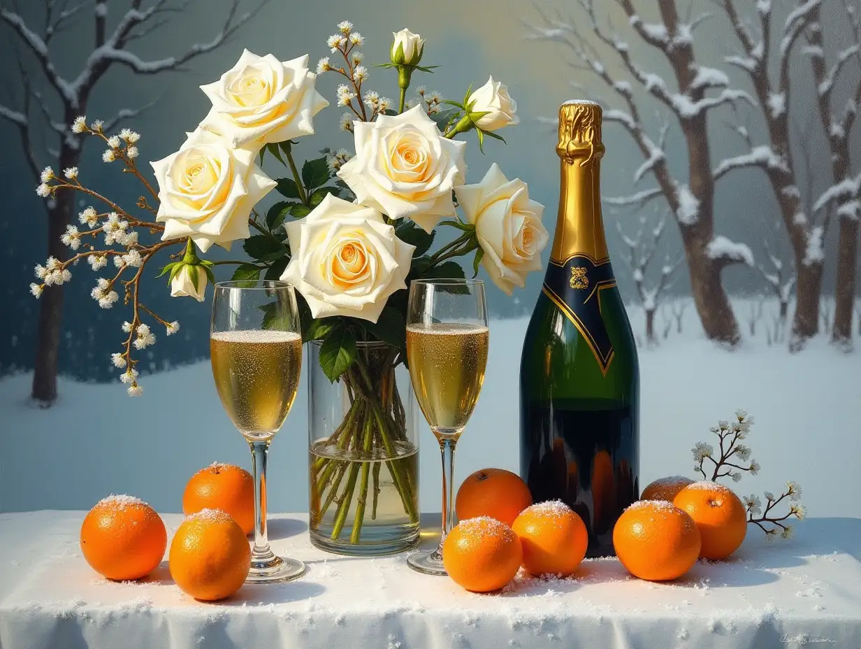 A realistic oil painting depicting a still life with a champagne bottle and glasses, a bouquet of white roses and mandarins with soft diffused lighting, set against a backdrop of a stylized snowy New Year's scene with intricate details inspired by Jan van Eyck and Paul Cezanne, and an elegant composition with bright colors.