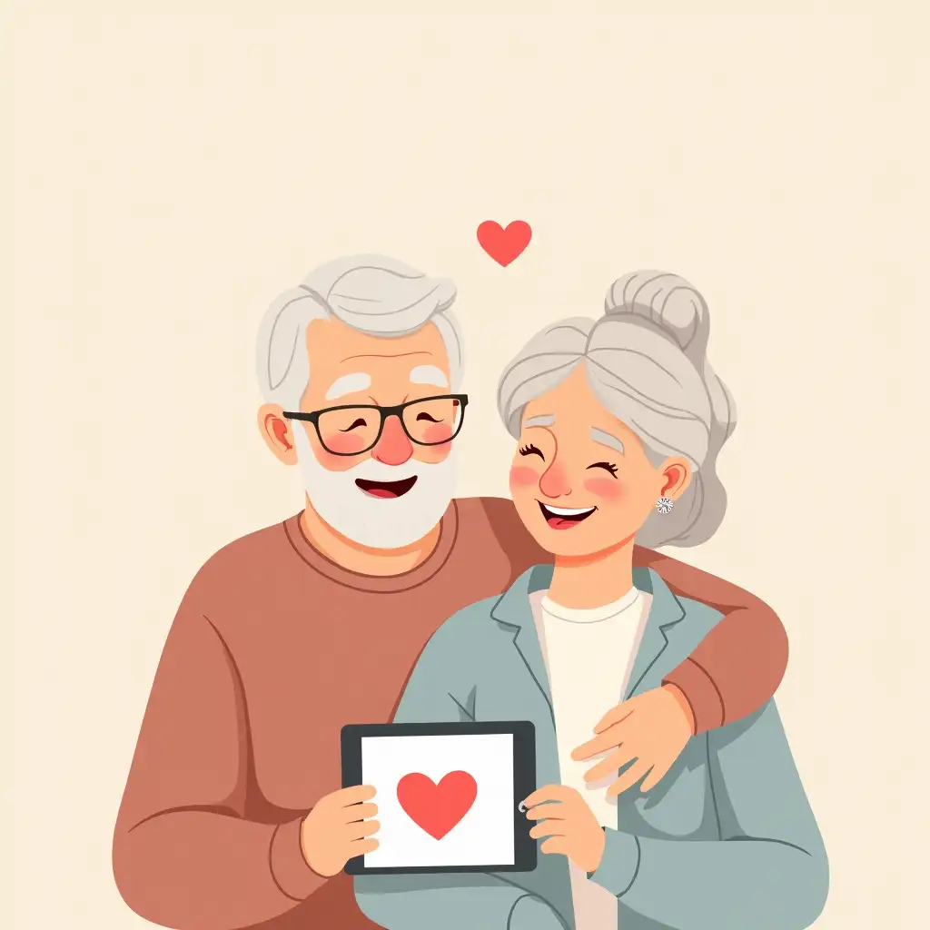 high-quality, crisp, and clean digital illustration of an elderly couple, a man and a woman, sitting together and smiling while holding a smartphone. On the phone screen, a simple red heart icon is clearly visible, symbolizing online dating. The characters have soft, rounded features and warm, gentle expressions, drawn in a cute and charming style. The color palette is soft and pastel, using warm and inviting tones like beige, light pink, and soft blue. The background is simple yet fully detailed, ensuring the entire image remains sharp and clear without any blur. The overall aesthetic is heartwarming, modern, and designed to evoke feelings of love and connection in an accessible and visually appealing way.