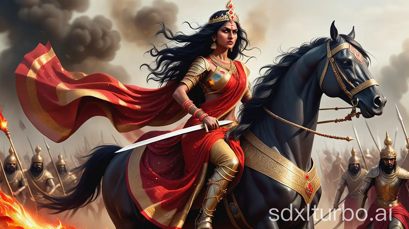 A regal Indian warrior princess riding a powerful warhorse across a smoky battlefield. She wears a traditional red and gold silk saree over ornate golden armour, with intricate jewellery and a jewelled crown. Her long black hair flows in the wind as she raises a shining sword with fierce determination. The background is filled with fire, chaos, and distant soldiers clashing, capturing the intensity and heroism of an ancient war. Her face looks exactly the same as the uploaded image.