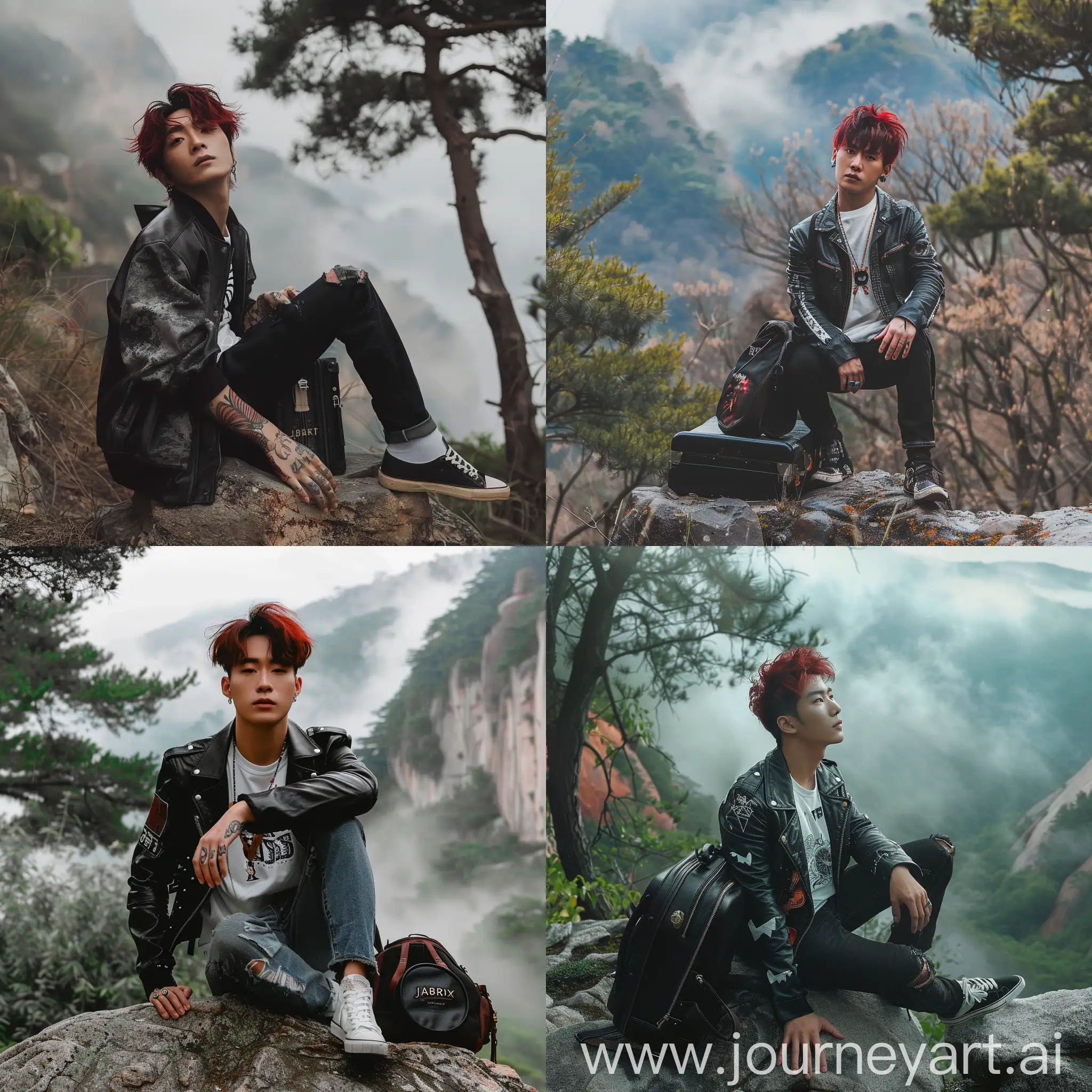 Stylish-Korean-Man-with-RedBlack-Hair-Sitting-on-Rock-with-Violin-Case