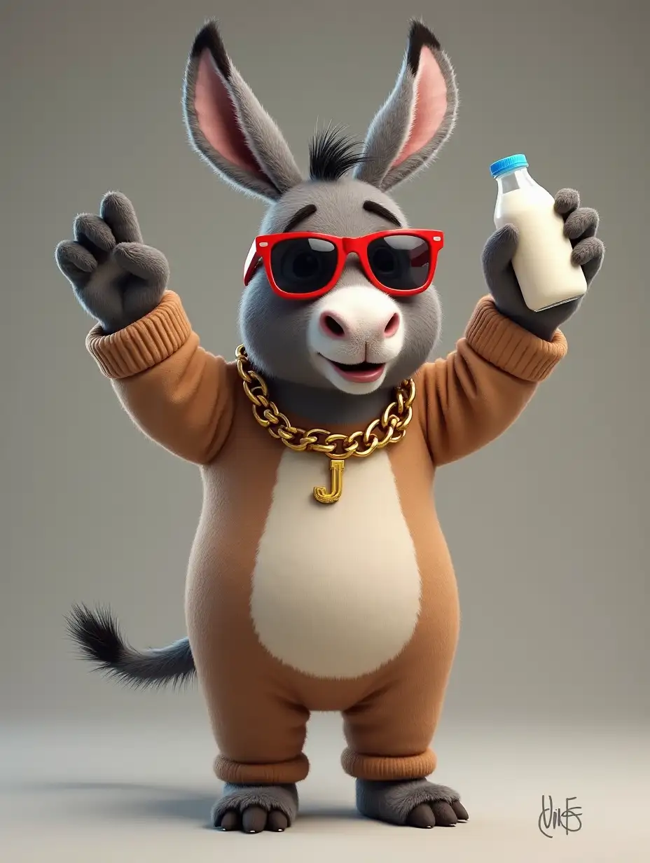 A gray donkey with red sunglasses, dressed as a light brown bear, raising its right arm with a bottle of milk in its hand, raising its left arm with index and pinky fingers raised, has a golden chain collar with a letter J around its neck.